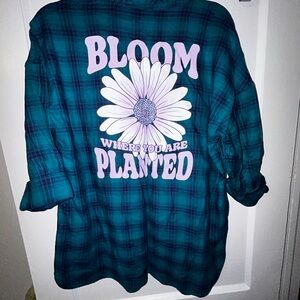 Justice Teal Plaid Shirt with Floral Design
